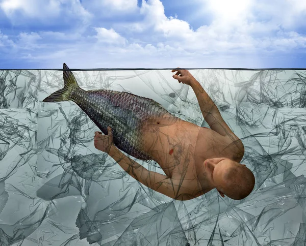Merman cought in inquinamento plastico, illustrazione 3d . — Foto Stock