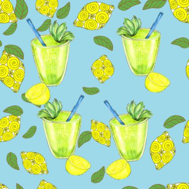 Mavi arkaplan üzerinde içki ve limonla el çizimi