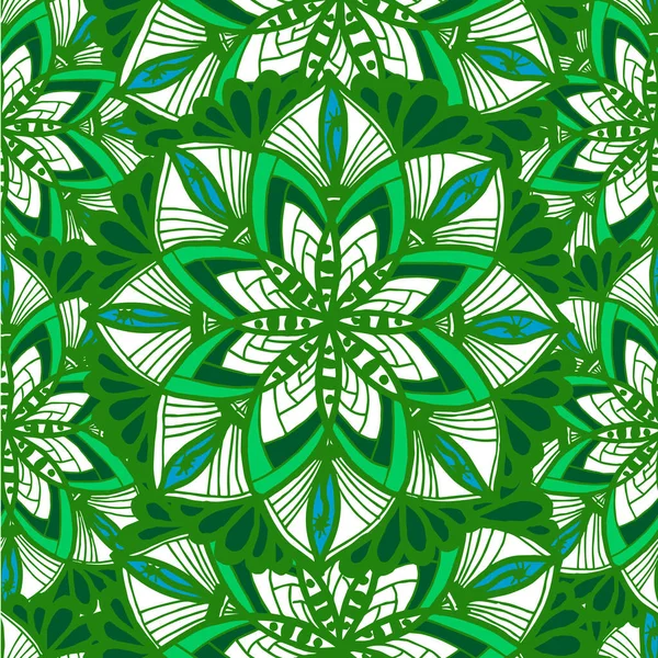 Etnische Naadloze Patroon Van Getrokken Mandala Groene Witte Achtergrond — Stockvector