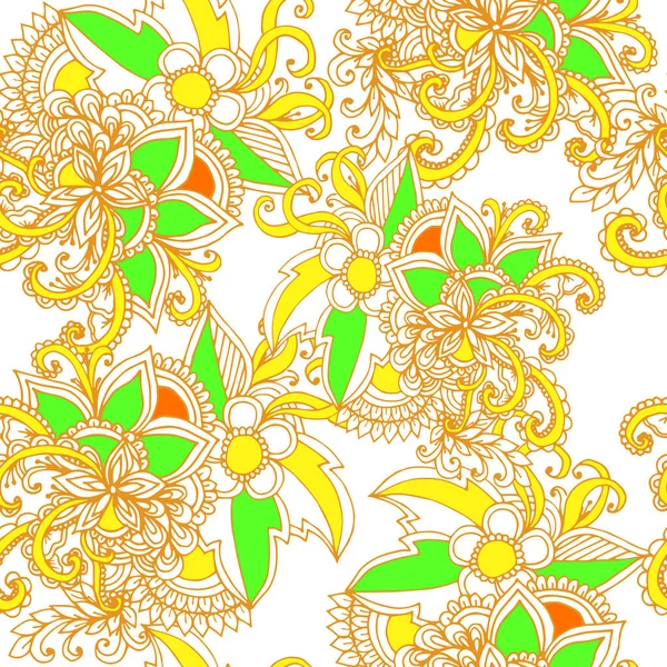 Kwiatowy Rysowane Etniczne Indyjski Wzór Bezszwowy Żółty — Zdjęcie stockowe