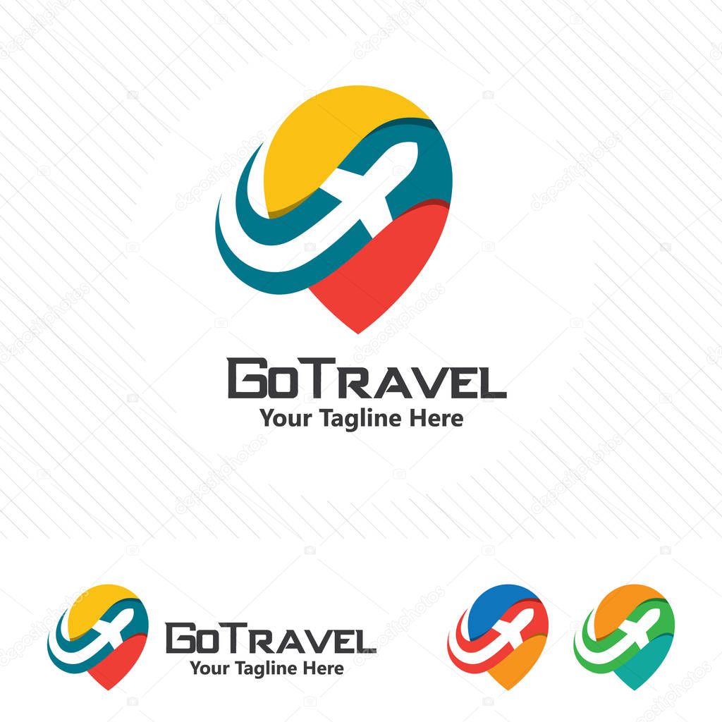 Travel and tour logo concept, airplane icon with pin map symbol.