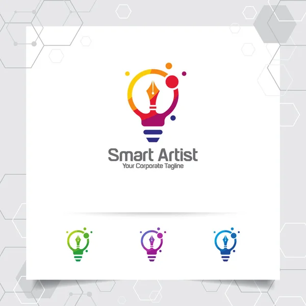 Writer logo bulb idea design concept of pencil icon and colorful lamp vector. Creative idea logo used for studio, professional and agency. — 스톡 벡터