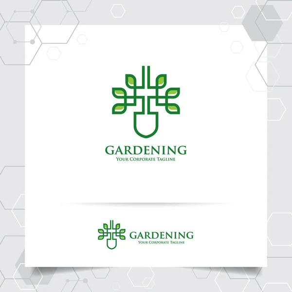 Jordbruk Logo Design Med Begreppet Trädgårdsredskap Ikon Och Blad Vektor Vektorgrafik