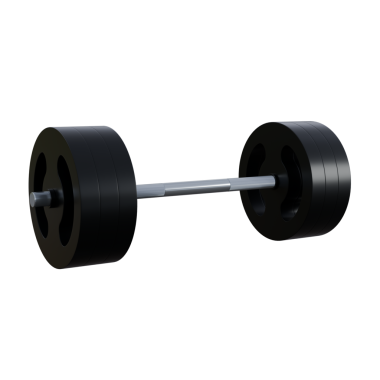 Simetrik plakalı siyah halterin minimalist 3D görüntüsü. Koyu tonlar ve temiz kompozisyon, ticari veya editoryal fitness projeleri için uygun güç, disiplin ve atletik performans taşır..
