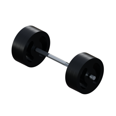Simetrik plakalı siyah halterin minimalist 3D görüntüsü. Koyu tonlar ve temiz kompozisyon, ticari veya editoryal fitness projeleri için uygun güç, disiplin ve atletik performans taşır..