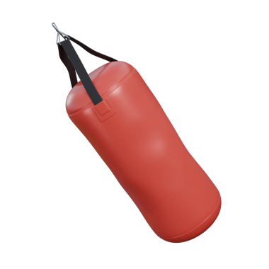 Görünür yumruk izleri gösteren kırmızı bir kum torbasının gerçekçi bir 3 boyutlu görüntüsü. Dövüş sporları, boks, dövüş sanatları ve fitness görselleri için mükemmel..