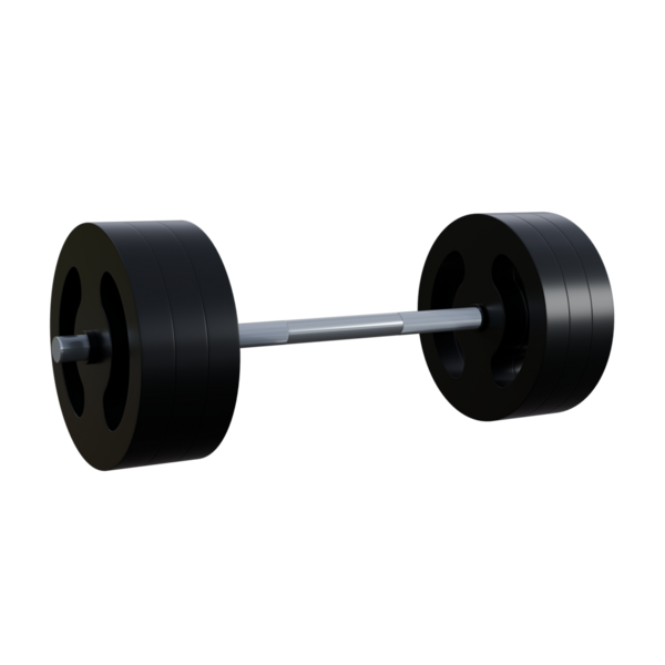 Simetrik plakalı siyah halterin minimalist 3D görüntüsü. Koyu tonlar ve temiz kompozisyon, ticari veya editoryal fitness projeleri için uygun güç, disiplin ve atletik performans taşır..