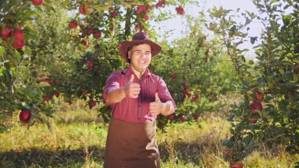 跳舞的农夫在苹果园里竖起大拇指 — 图库视频影像
