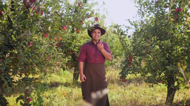 Ένας νέος αγρότης τρώει ένα μήλο και δείχνοντας αντίχειρες επάνω στον κήπο μήλο — Αρχείο Βίντεο