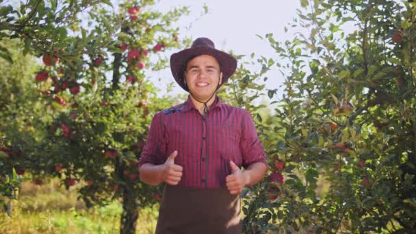 Portret van boer in hoed tonen duimen tot in de tuin van apple — Stockvideo