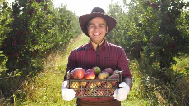 Retrato de agricultor feliz en sombrero de pie en el jardín de manzanas — Vídeo de stock