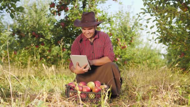 農家デジタル タブレットを使用して 親指を行うアップルの庭を現代の技術による農業成長活動 — ストック動画