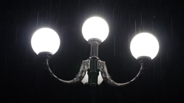 Het licht van een straat lamp tijdens een zware regenval. — Stockvideo