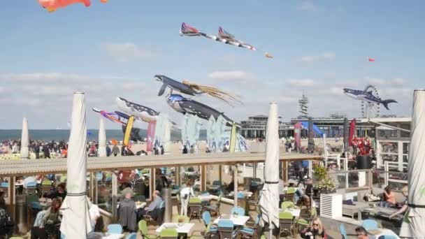 THE HAGUE, NEHTERLANDS - SEPTEMBER 30, 2018: Kite festival on the pier — Stock Video