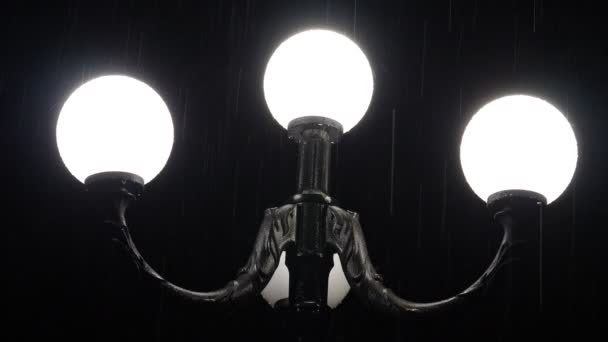 A luz de uma lâmpada de rua durante uma chuva forte . — Vídeo de Stock