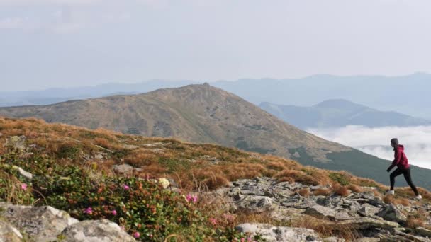 Жінка Піднімається Гірський Хребет Жінка Проходить Через Кам Яну Долину — стокове відео