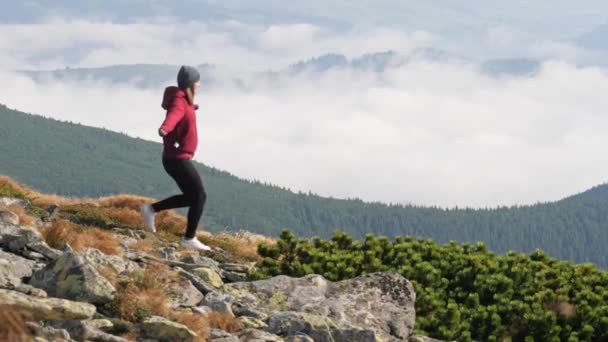 Mujer corriendo por un valle de piedra en la montaña — Vídeo de stock