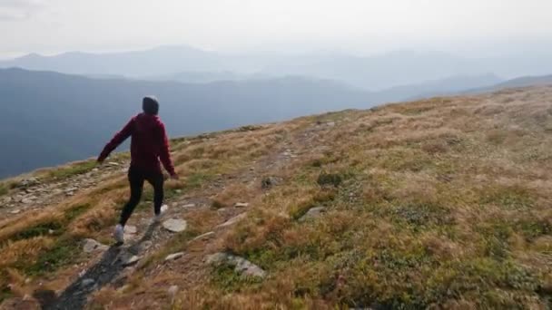 Vue arrière de la fille courant sur la vallée de la montagne. — Video