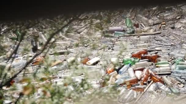 Botellas de plástico flotantes y diferentes basuras en un agua contaminada — Vídeos de Stock
