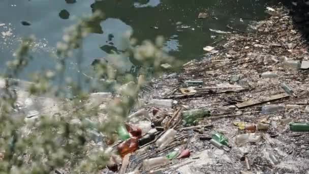 Schwimmende Plastikflaschen und anderer Müll in verschmutztem Wasser — Stockvideo