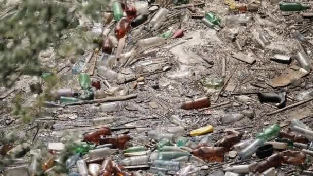 Botellas de plástico flotantes y diferentes basuras en un agua contaminada — Vídeo de stock