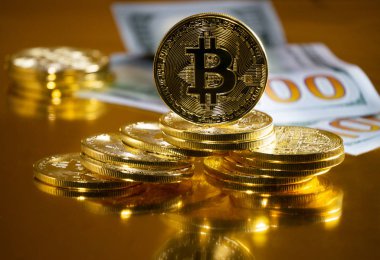 Bitcoin. Kripto para birimi altın Bitcoin, Btc, Bit sikke. Makro çekim Bitcoin sikke.