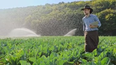 Çiftçi onun ekimi izleme sırasında dijital tablet kullanma