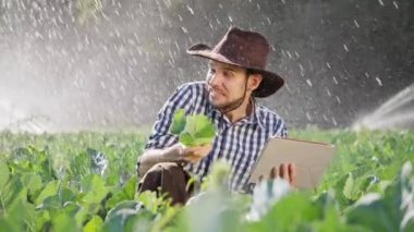 Çiftçi onun ekimi izleme sırasında dijital tablet kullanma.