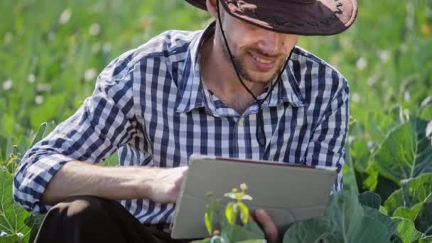 Farmer using digital tablet during monitoring his plantation. — Stock Video