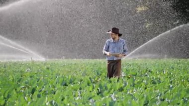 Çiftçi onun ekimi izleme sırasında dijital tablet kullanma