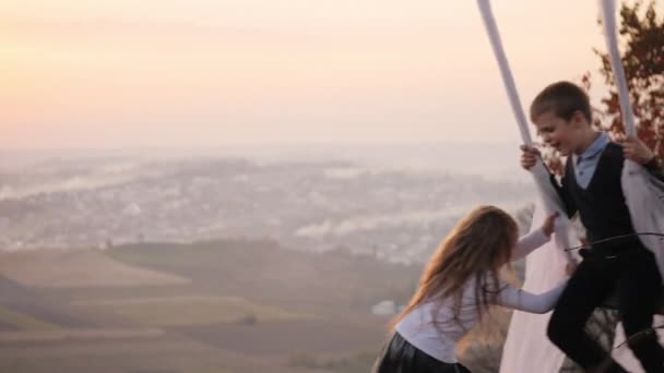 Hermosa niña sacude a su hermano pequeño en un columpio bajo un gran árbol . — Vídeos de Stock