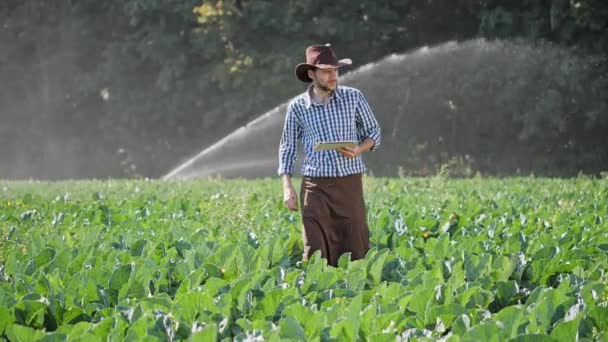 Rolnik za pomocą cyfrowego tabletu podczas monitorowania swojej plantacji — Wideo stockowe