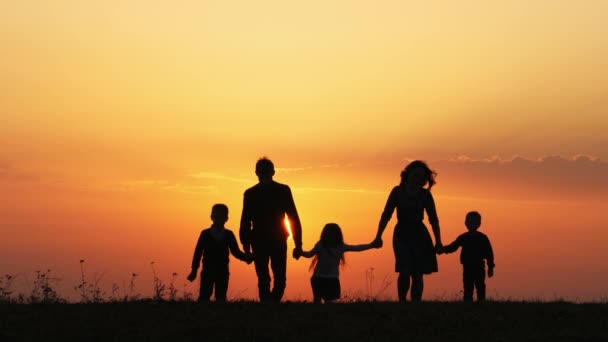 Силуэты счастливой семьи, гуляющей вместе на лугу во время заката — стоковое видео