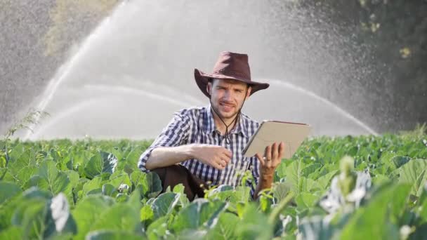 Rolnik pokazuje kciuk do góry podczas monitorowania swojej plantacji za pomocą cyfrowego tabletu. — Wideo stockowe