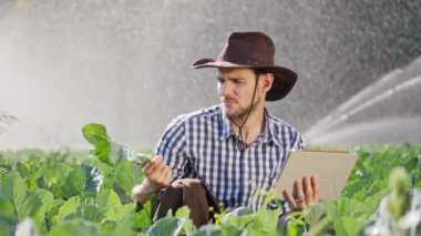 Çiftçi onun ekimi izleme sırasında dijital tablet kullanma.