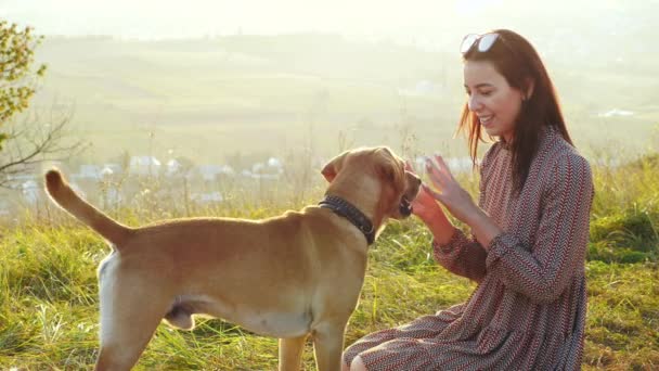 Очаровательная молодая женщина играет с собакой и кормит ее природой — стоковое видео