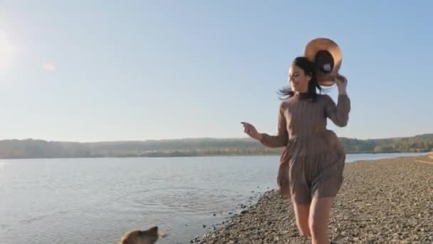 自然湖の近くに彼女のかわいい犬の愛らしい若い女性再生実行. — ストック動画