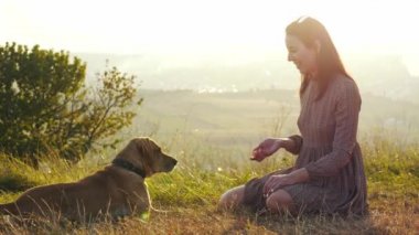 Çok güzel genç kadın ile köpek niteliğine şaşırtıcı günbatımı sırasında oynamaya.