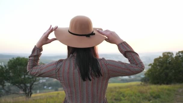 Vista trasera de la adorable joven con sombrero . — Vídeo de stock