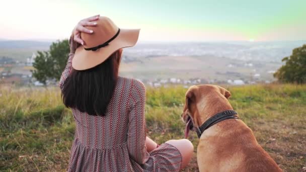 Vue arrière de l'adorable fille avec chapeau se trouve sur la prairie avec son chien mignon  . — Video