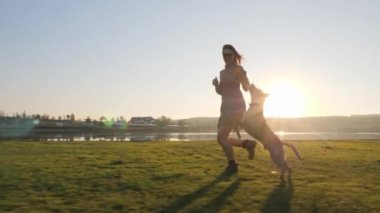 Çok güzel genç kadın Doğa Göl yakınındaki'onun sevimli köpek ile oyun çalışması.