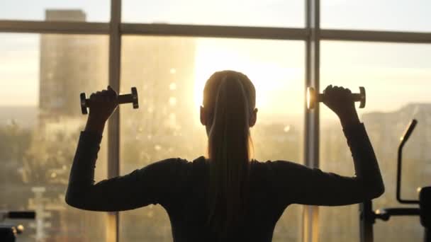 Silueta ženy středního věku dělat cvičení s činkami. — Stock video
