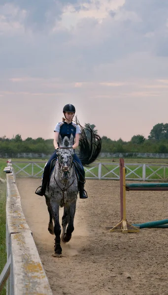 Schöne Junge Jockeyspielerin Auf Einem Pferd — Stockfoto