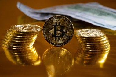 Bitcoin. Kripto para birimi altın Bitcoin, Btc, Bit sikke. Makro çekim Bitcoin sikke.