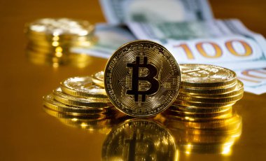 Bitcoin. Kripto para birimi Altın Bitcoin, Btc. Makro Bitcoin sikkeleri vurdu. Blockchain teknolojisi, bitcoin madenciliği konsepti.