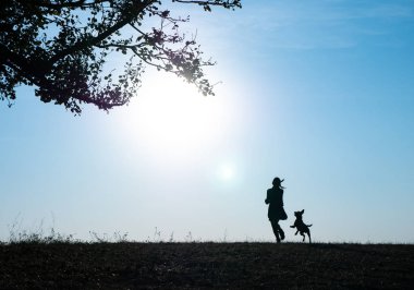 Gün batımında sevimli köpeğiyle koşan sevimli kadının siluetleri.
