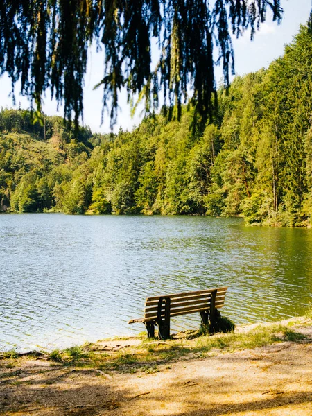 絵のように美しい山の湖の近くのベンチ — ストック写真