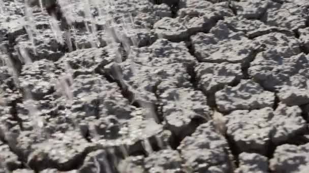 Rega na lama chão rachado em solo árido — Vídeo de Stock