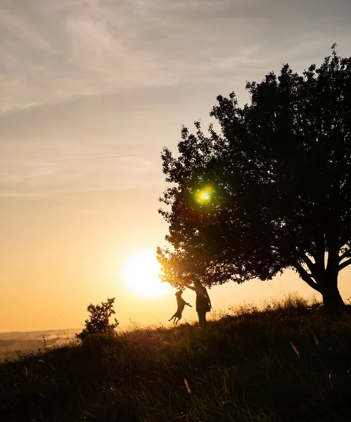 Siluetas de mujer adorable jugando a correr con su lindo perro durante el atardecer —  Fotos de Stock