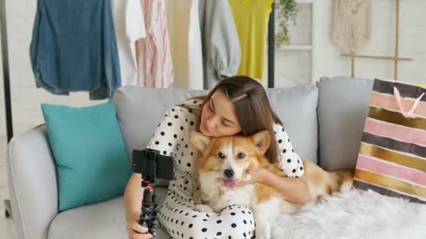 Una chica Vlogging sobre los animales y el amor por su perro. A Girl in a Dress Takes Pictures of Her self, Conducts a Blogging (en inglés). Un bloguero de belleza creando un nuevo contenido para Video Blog. — Vídeo de stock